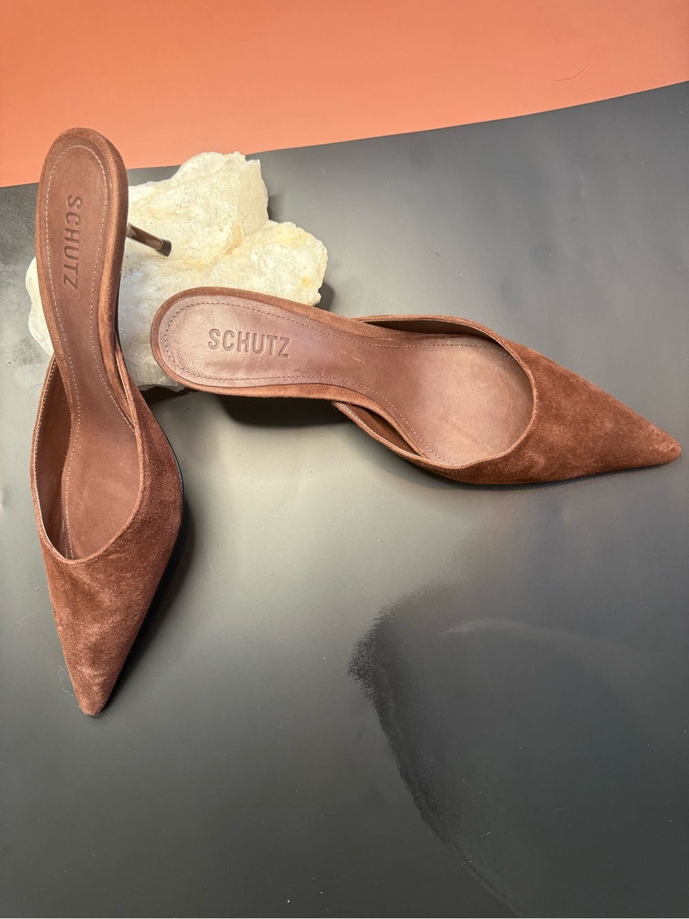 SCHUTZ Root Brown Suede Pointed-Toe Mule Heels